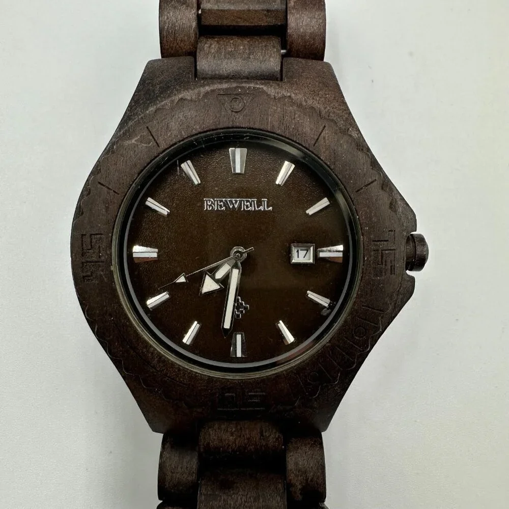Bewell Thanatos Watch Men Dark Brown Wooden Date Window 47MM Dial New Battery